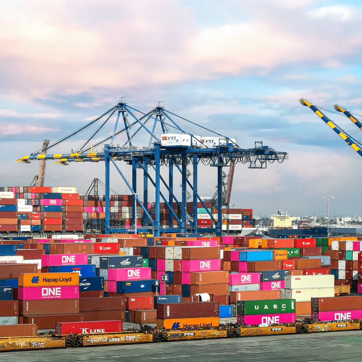 Foto eines Hafens mit Kränen und Containern