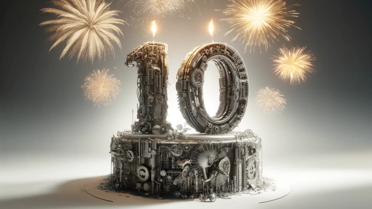 A celebration picture with fireworks, with a big cake in the middle and the number 10 written on it. the cake is made out of various kinds of metallic components and it looks very industrial.